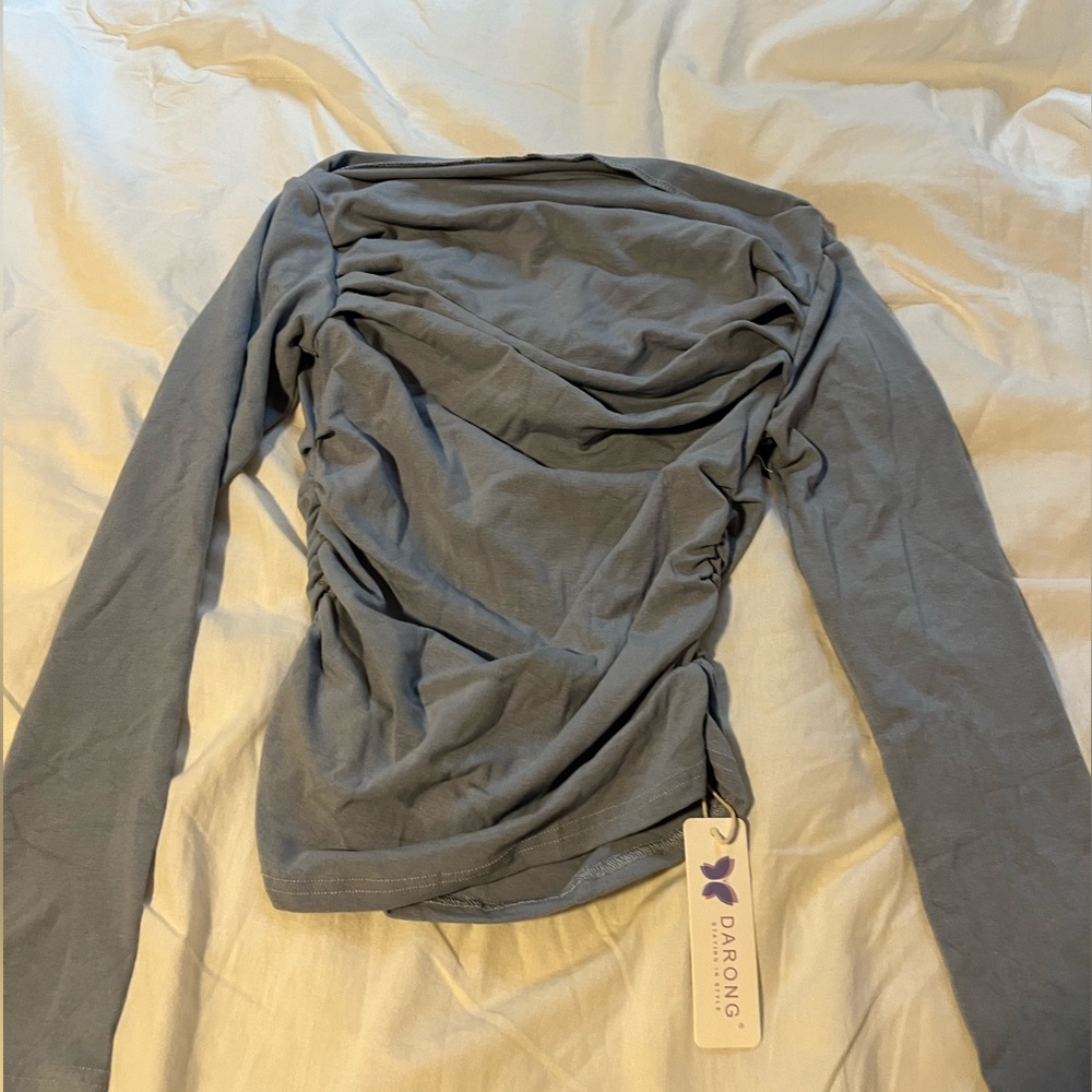Dating Off-Shoulder Ruched Long-Sleeve Top - Slate Blue - Picture 3 of 4
